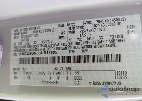 2025 Ford Escape Active from USA, damaged, VIN 1FMCU9GN5SUB17605